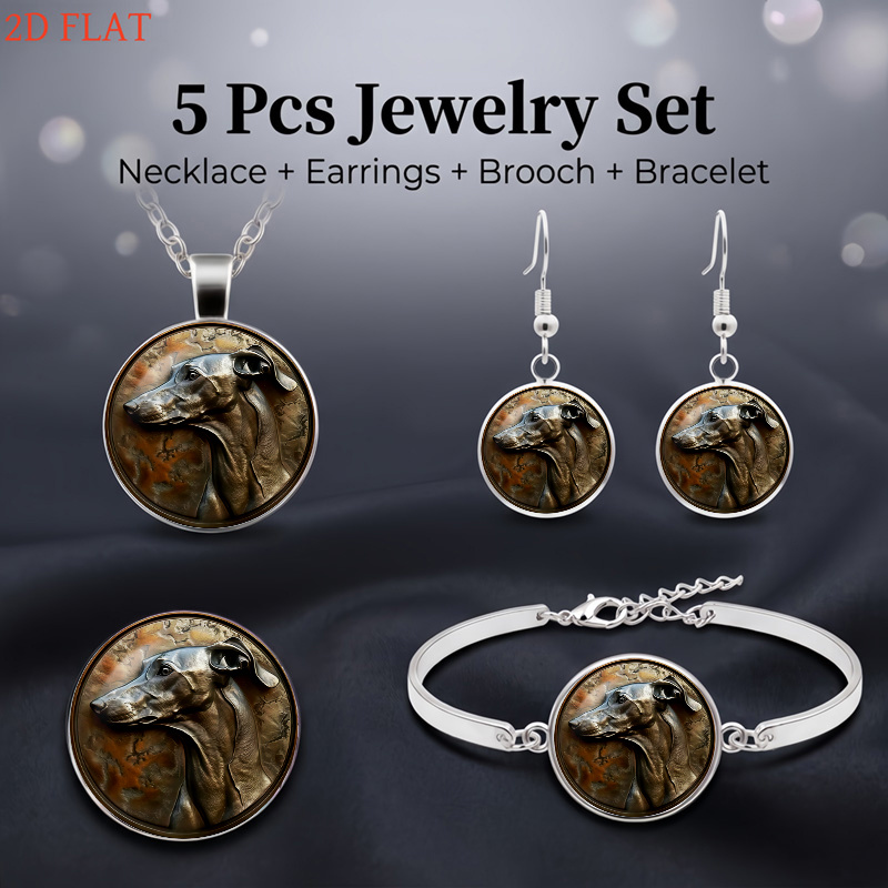 5pc Greyhound-Themed Necklace, Earrings, Brooch & Bracelet Set