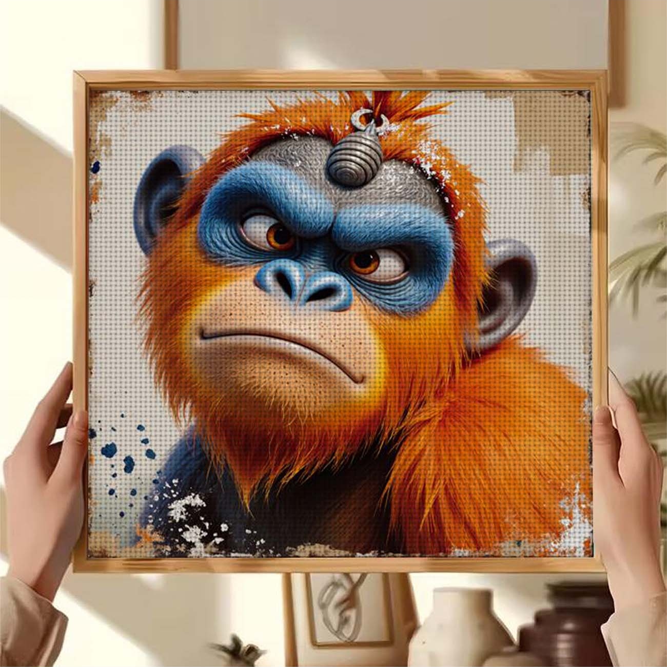 Cross Stitch Printed Kit, Frameless, Orange Blue Gorilla Serious Expression Pattern