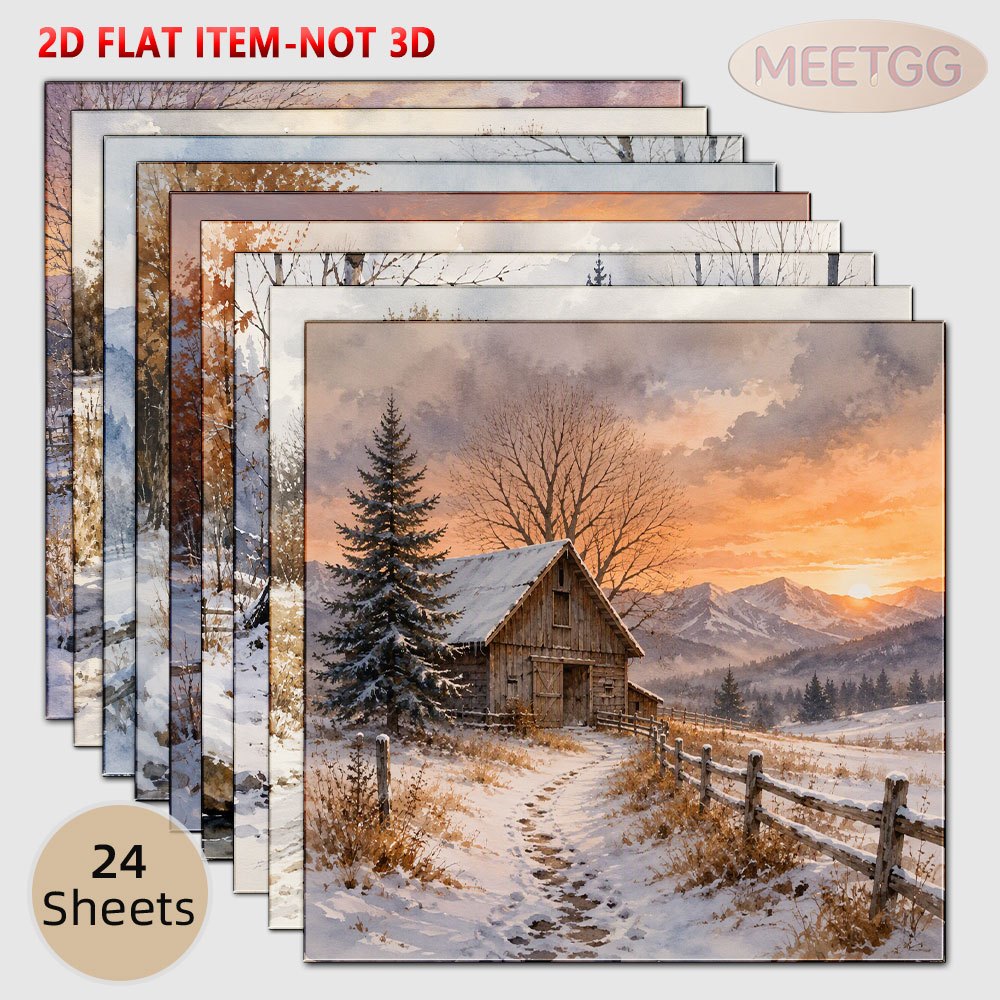 TEMU 2d Flat Mini 24 Sheets Non-repeating 6x6 Inch Vintage Western Winter Ranch Printed Journaling Paper, Cabin Barn Wagon Paper, Junk Journal Sunset