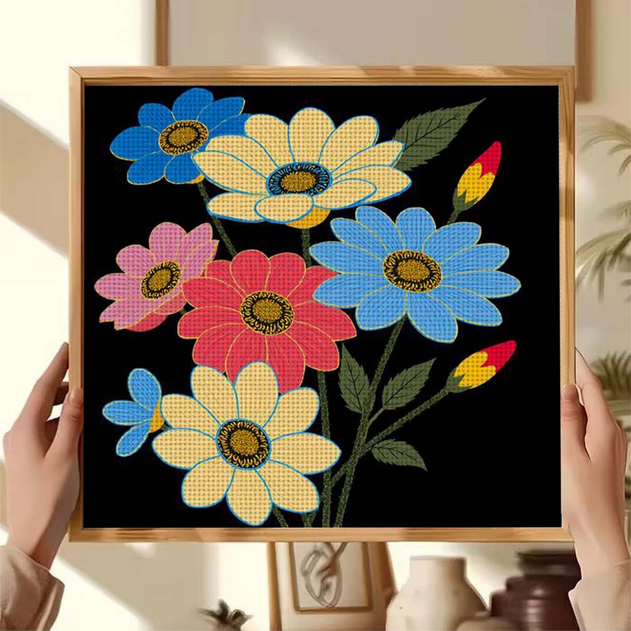 Frameless Cross Stitch Printed Kit, Colorful Flowers on Black Background