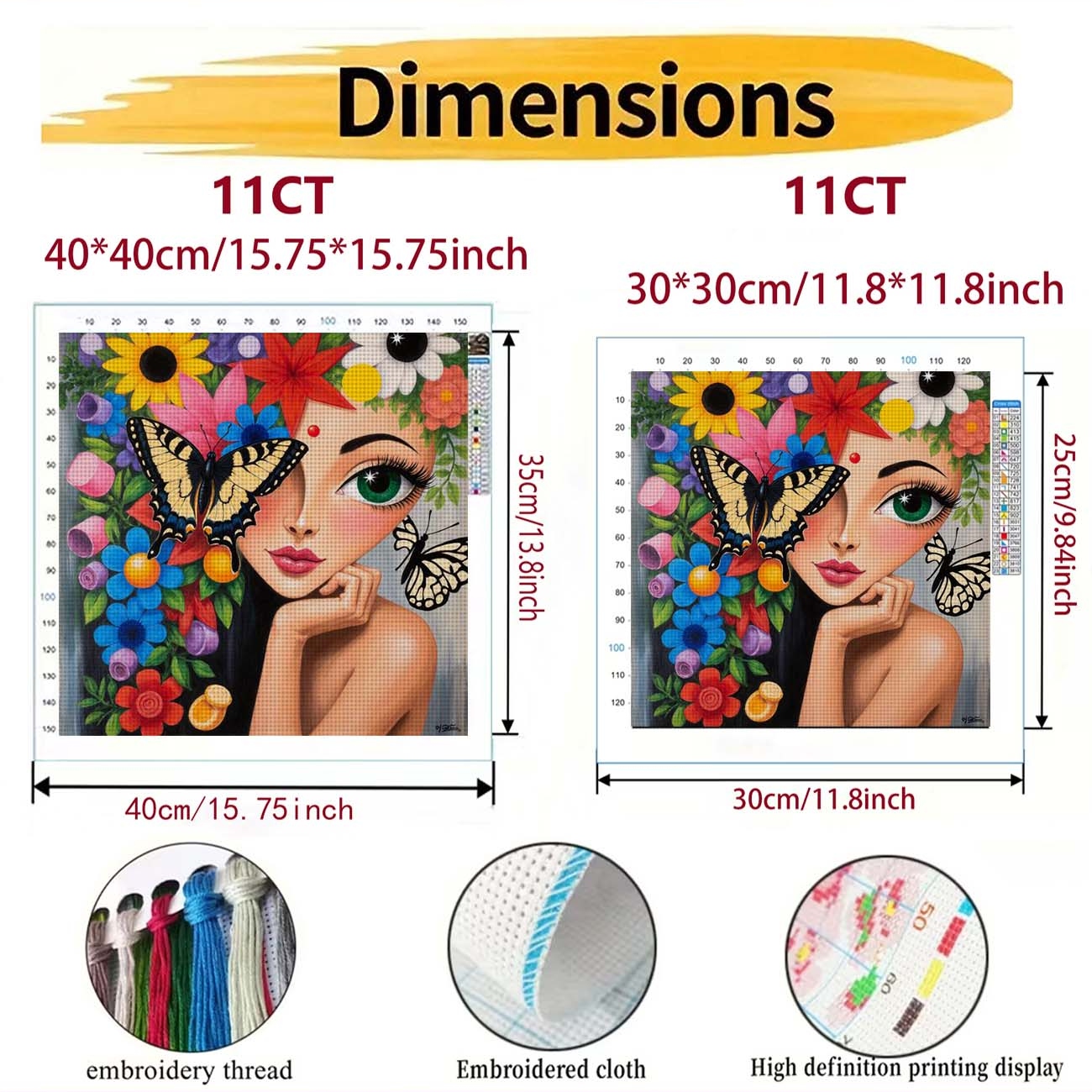 Cross Stitch Printed Kit, Frameless, Floral Butterflies Surrounding Woman Design