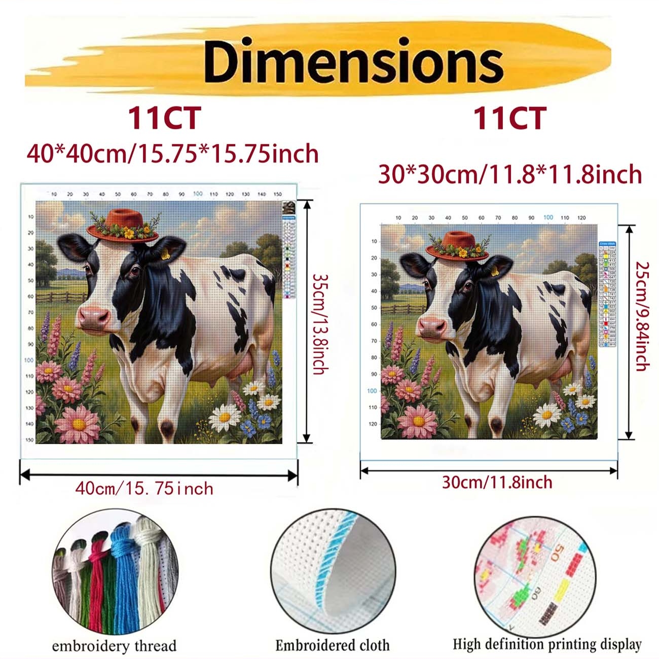 Cross Stitch Printed Kit, Frameless, Red Hat Milk Cow with Flowers