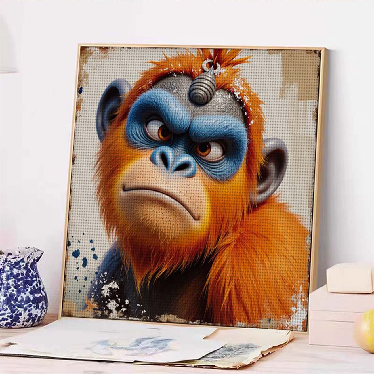 Cross Stitch Printed Kit, Frameless, Orange Blue Gorilla Serious Expression Pattern