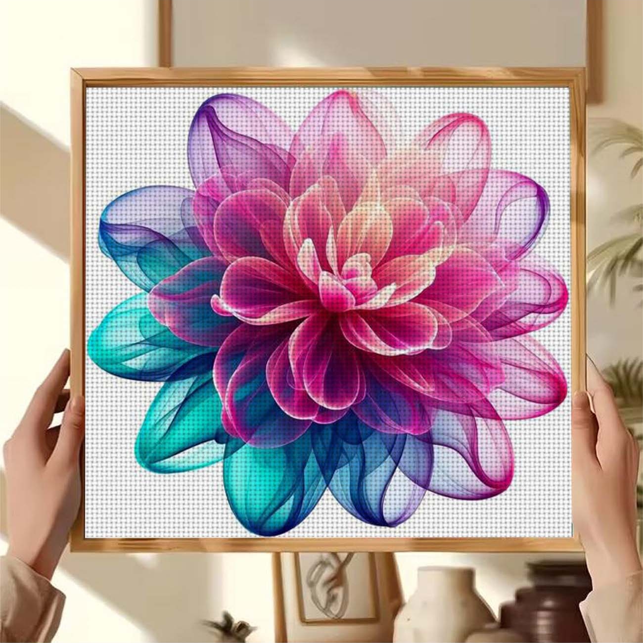 Cross Stitch Printed Kit, Frameless, Pink Blue Gradient Artistic Flower Pattern