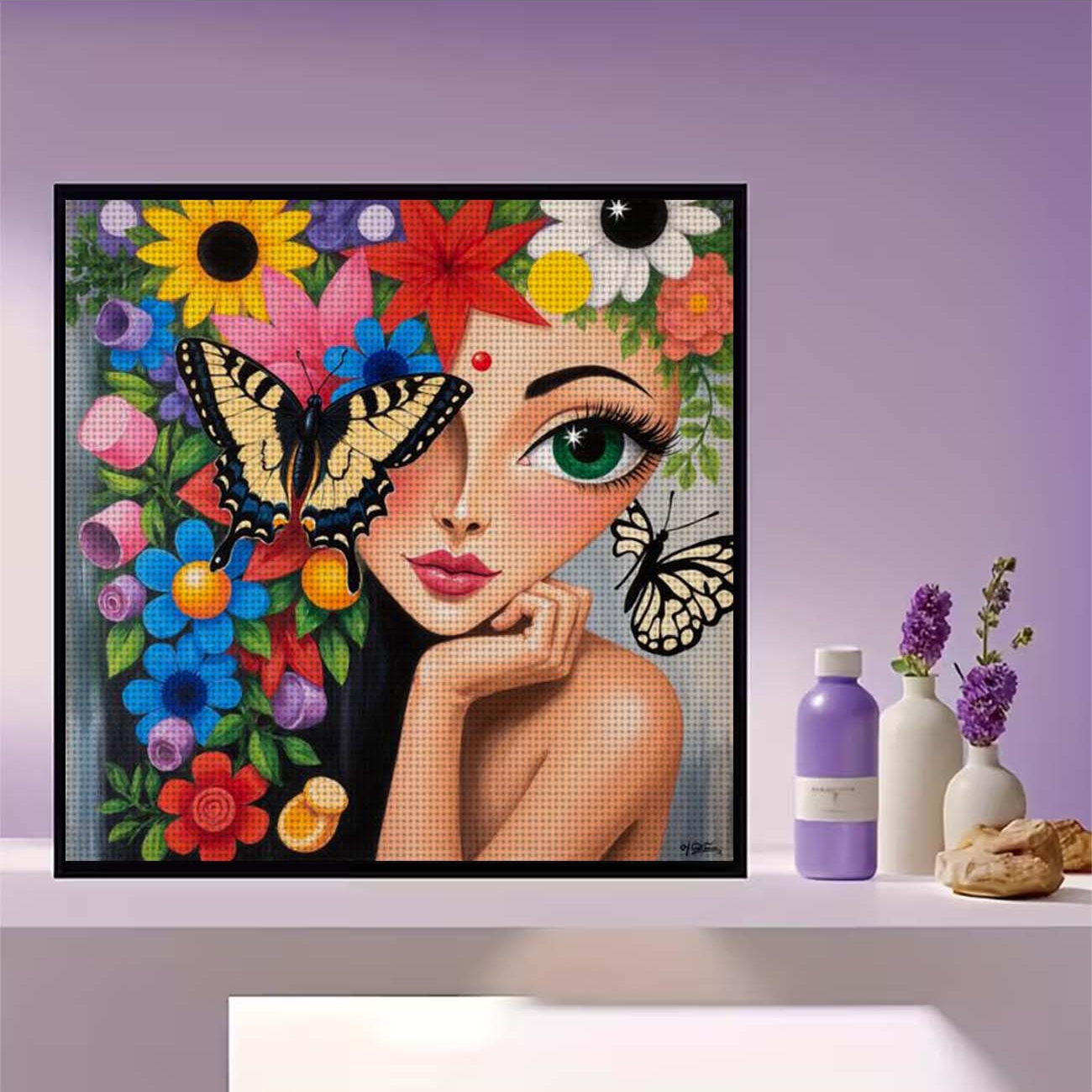 Cross Stitch Printed Kit, Frameless, Floral Butterflies Surrounding Woman Design