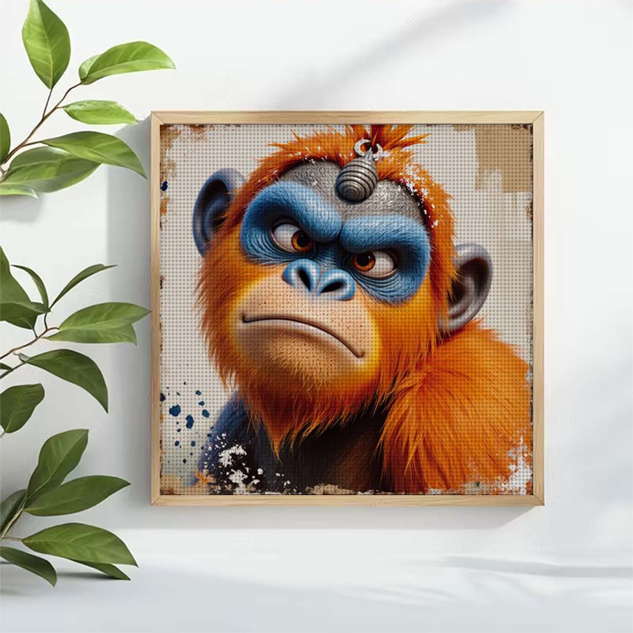 Cross Stitch Printed Kit, Frameless, Orange Blue Gorilla Serious Expression Pattern