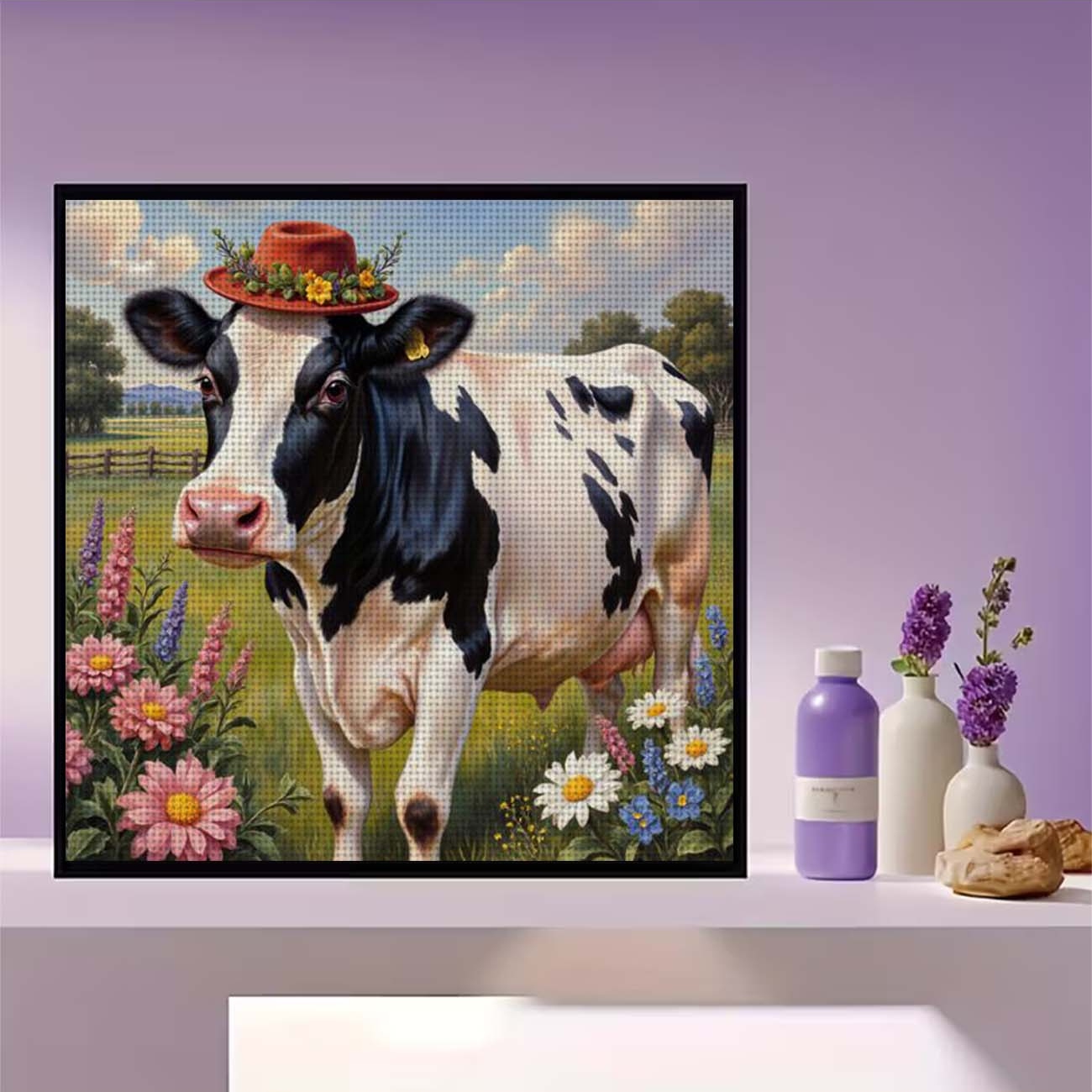 Cross Stitch Printed Kit, Frameless, Red Hat Milk Cow with Flowers