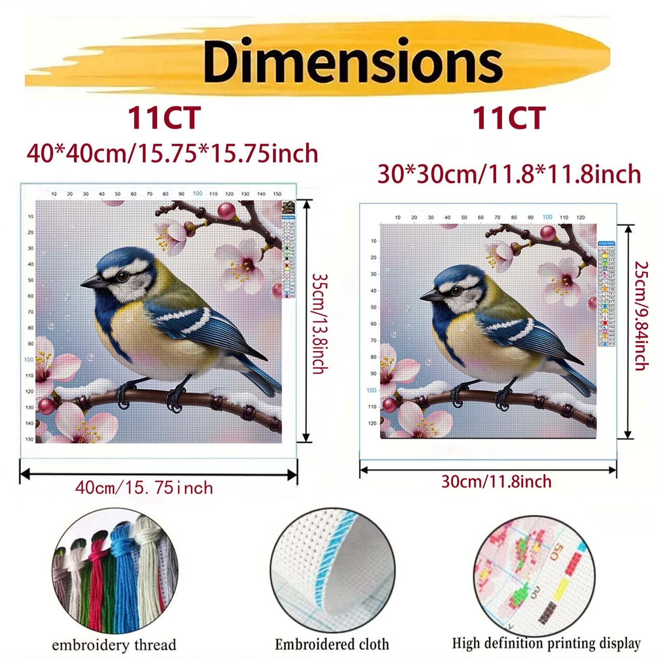 DIY Cross-Stitch Printed Kit, Unframed, Blue and Yellow Bird Design