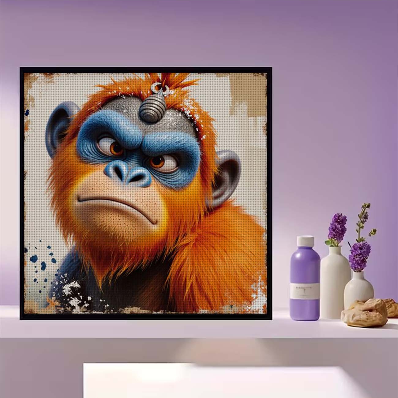 Cross Stitch Printed Kit, Frameless, Orange Blue Gorilla Serious Expression Pattern