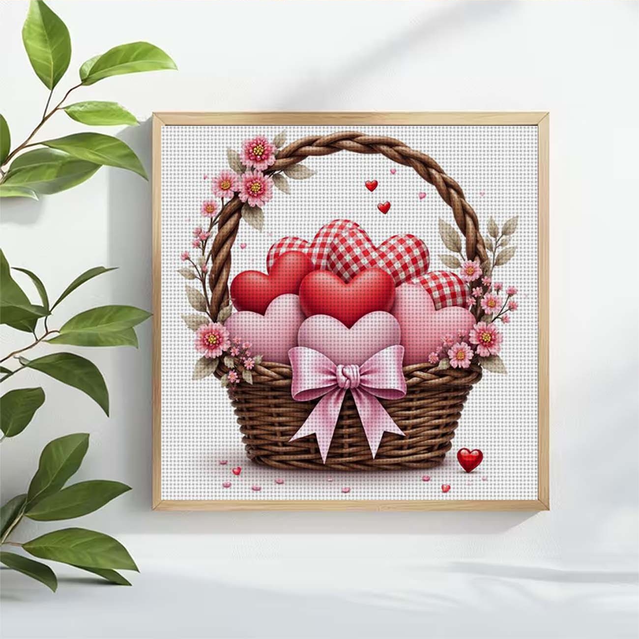 Cross Stitch Printed Kit, Frameless, Fan with Basket Full of Hearts