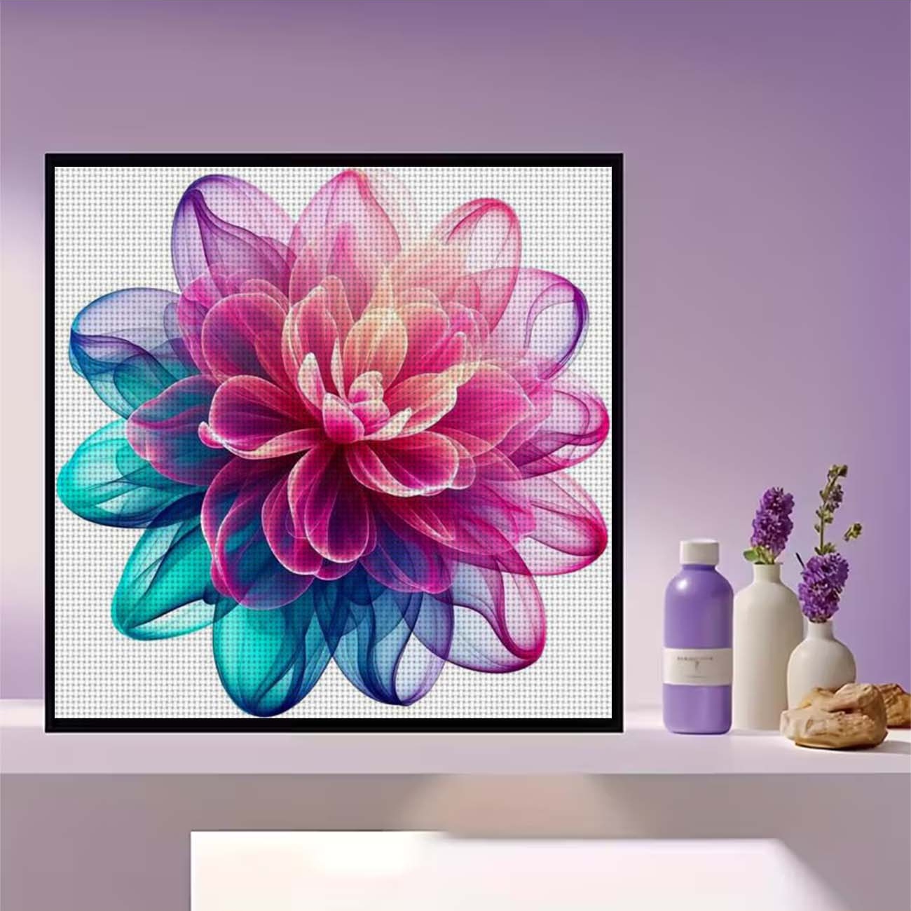 Cross Stitch Printed Kit, Frameless, Pink Blue Gradient Artistic Flower Pattern
