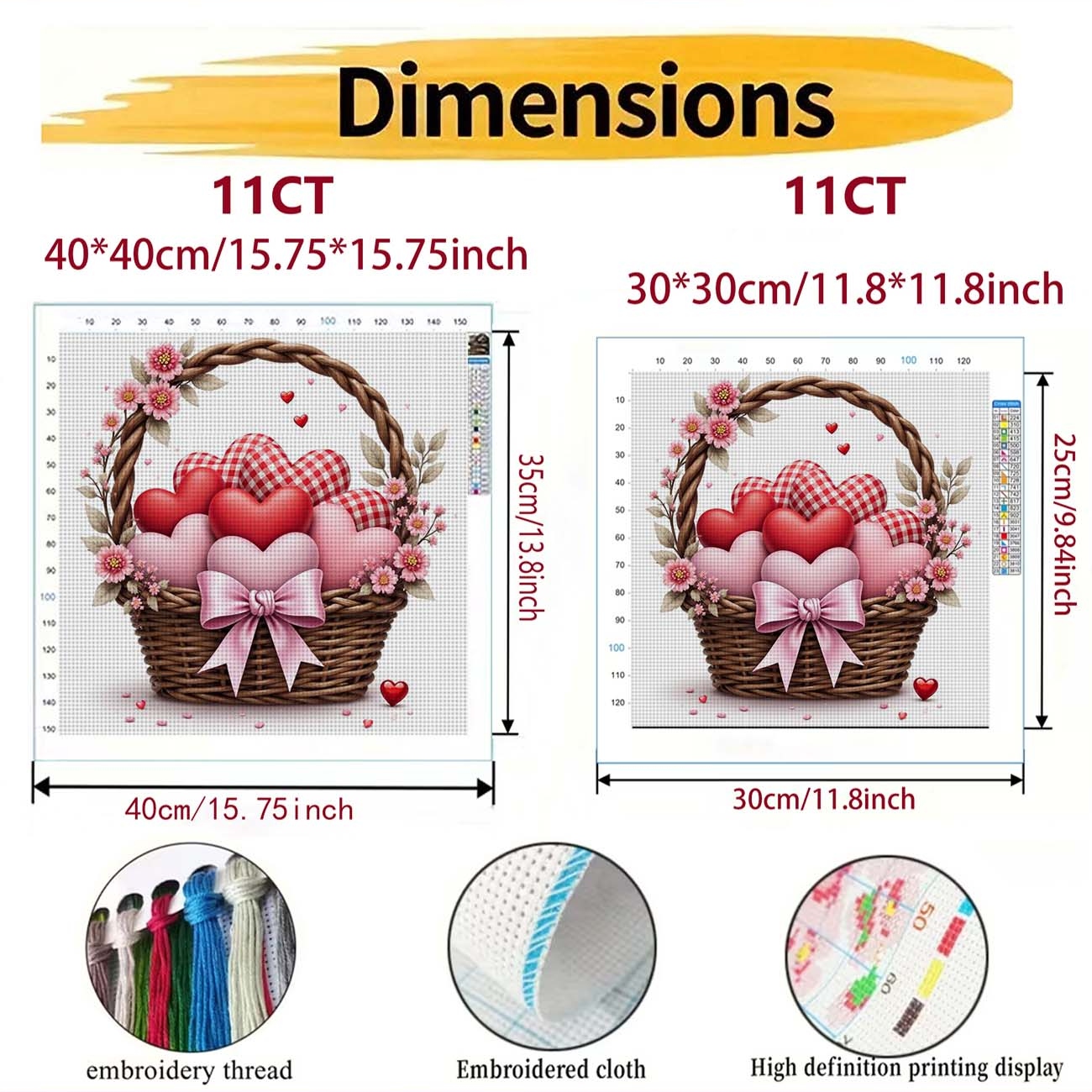 Cross Stitch Printed Kit, Frameless, Fan with Basket Full of Hearts