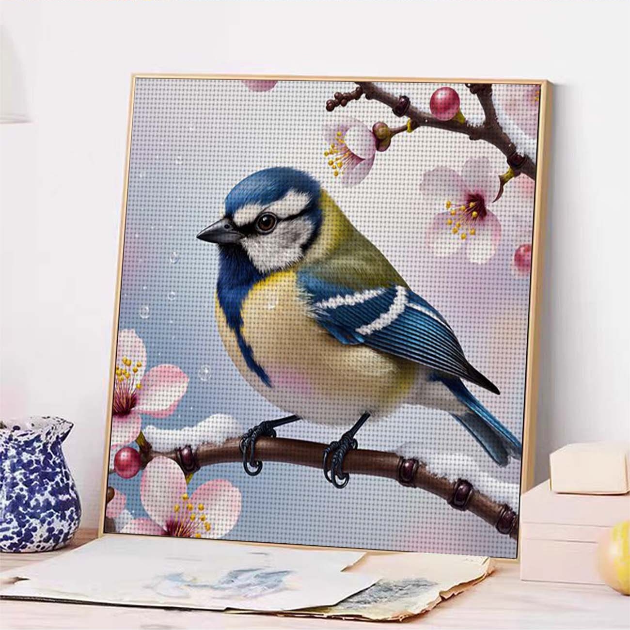 DIY Cross-Stitch Printed Kit, Unframed, Blue and Yellow Bird Design