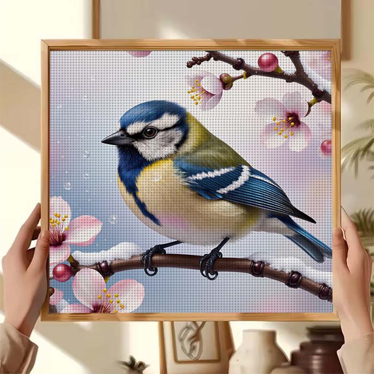 DIY Cross-Stitch Printed Kit, Unframed, Blue and Yellow Bird Design