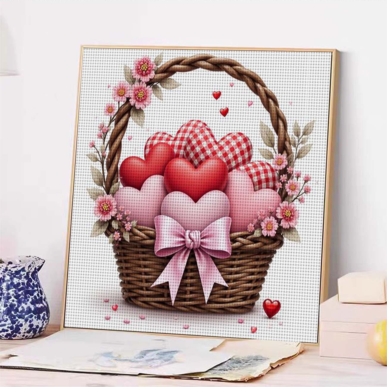 Cross Stitch Printed Kit, Frameless, Fan with Basket Full of Hearts