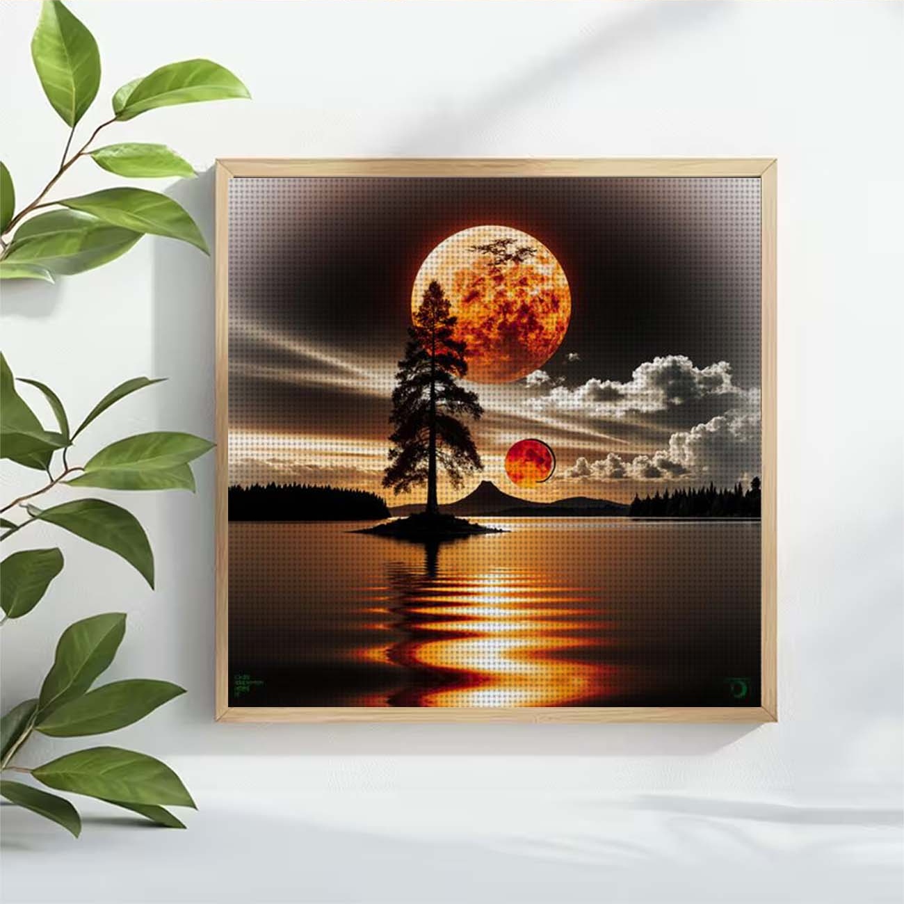 DIY Cross-Stitch Printed Kit, Frameless, "Red Moon and Lone Pine" Pattern