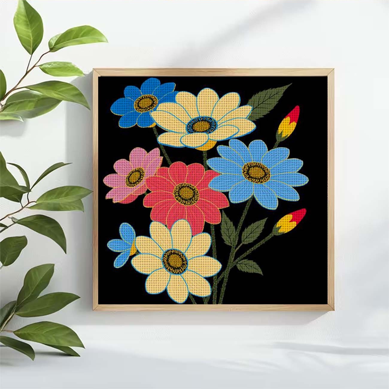 Frameless Cross Stitch Printed Kit, Colorful Flowers on Black Background