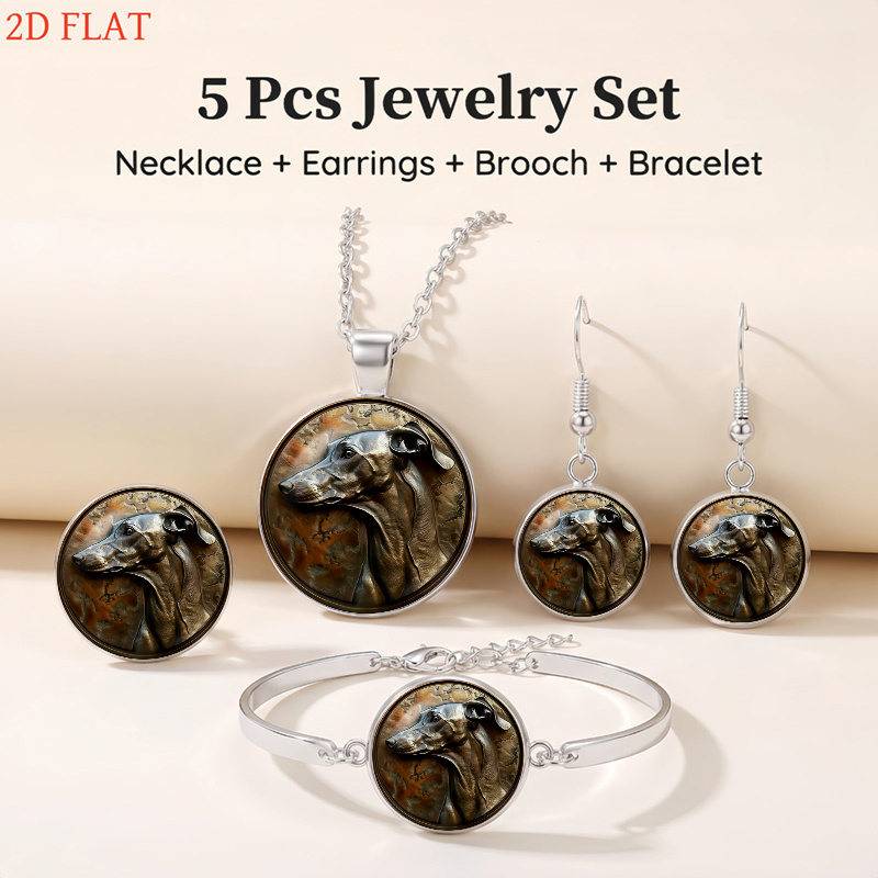 5pc Greyhound-Themed Necklace, Earrings, Brooch & Bracelet Set