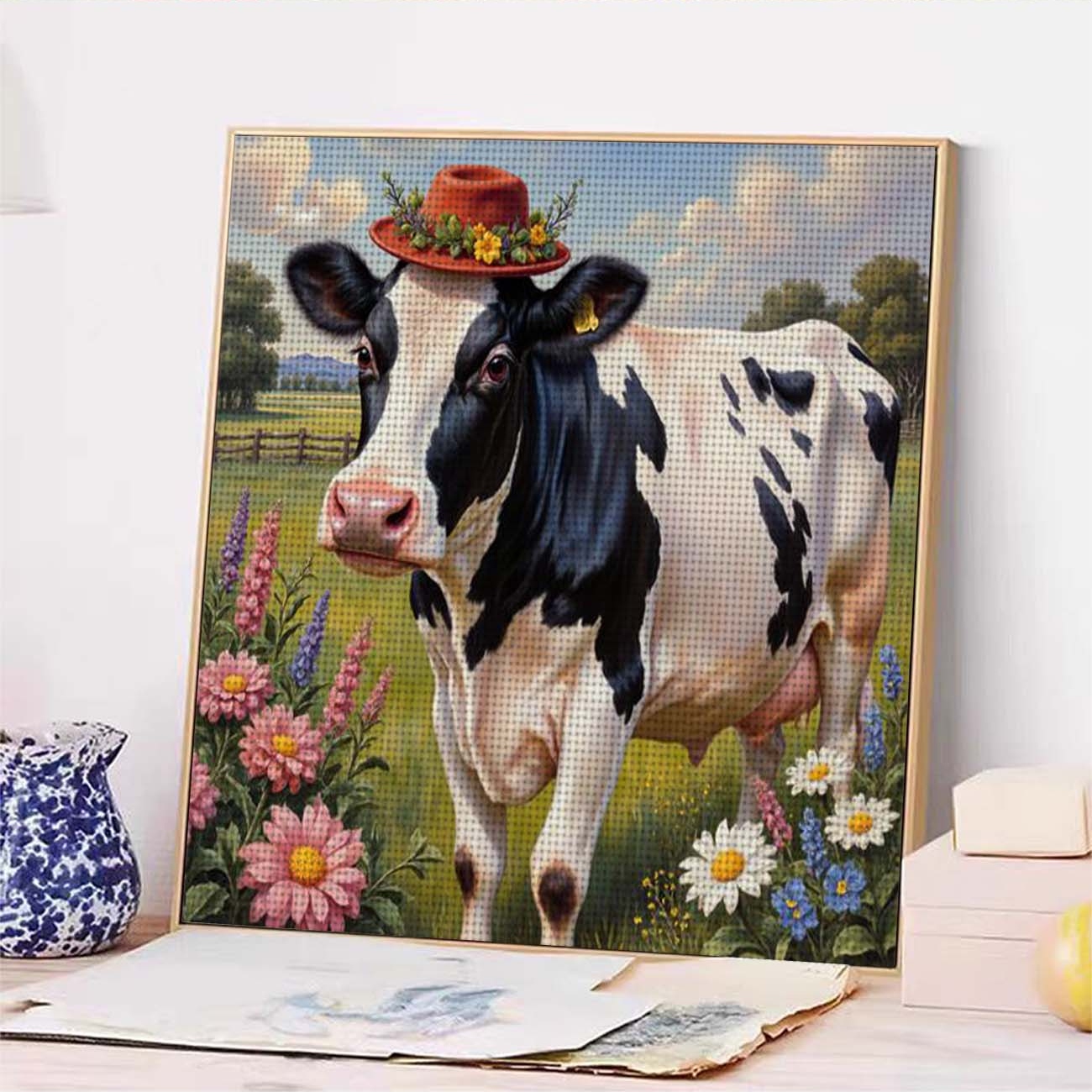 Cross Stitch Printed Kit, Frameless, Red Hat Milk Cow with Flowers