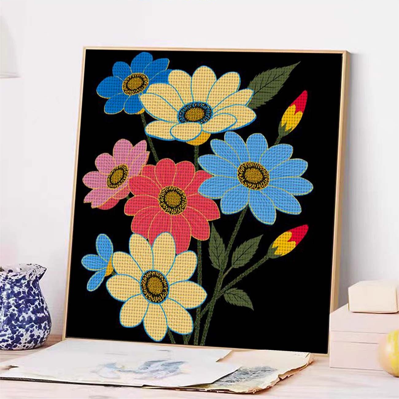 Frameless Cross Stitch Printed Kit, Colorful Flowers on Black Background