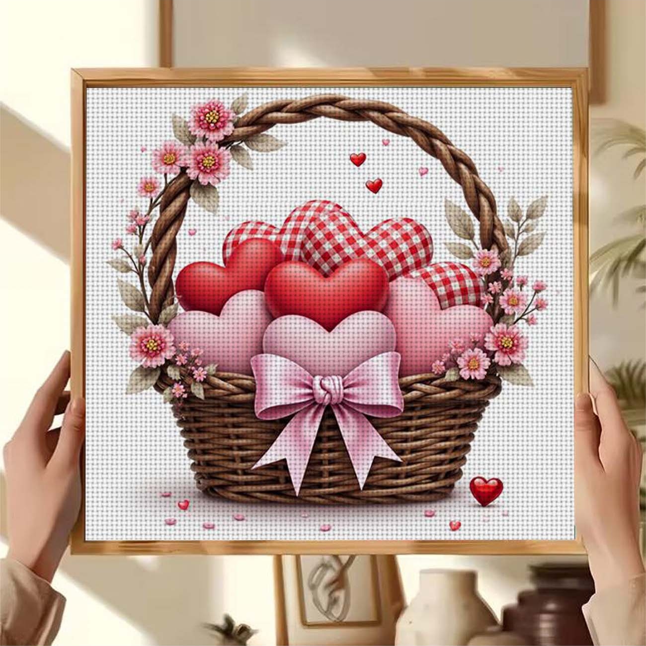 Cross Stitch Printed Kit, Frameless, Fan with Basket Full of Hearts