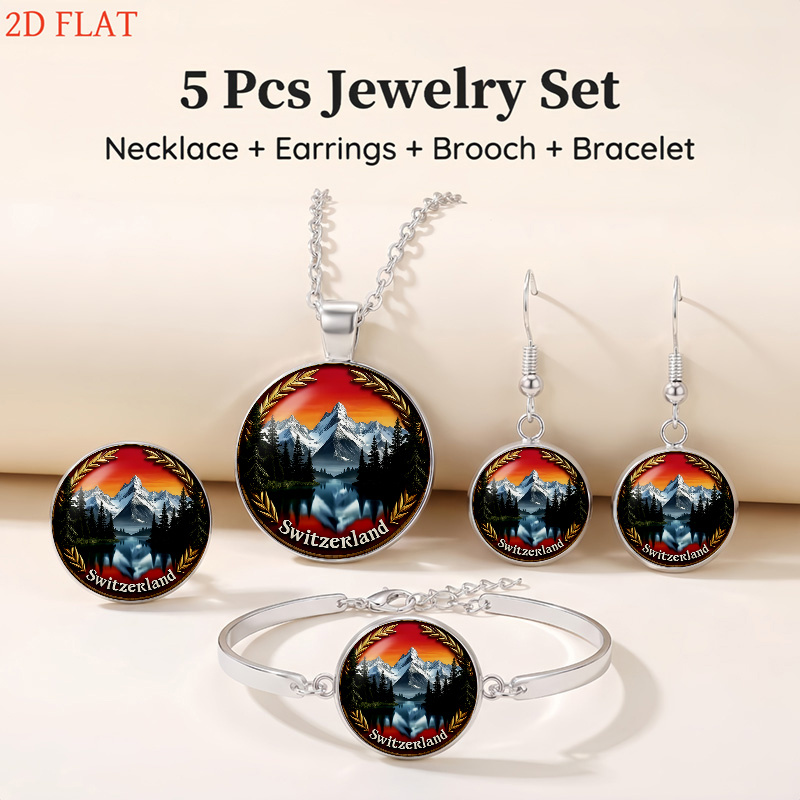 5pcs Switzerland Landscape-Themed Women's Jewelry Set, Gift