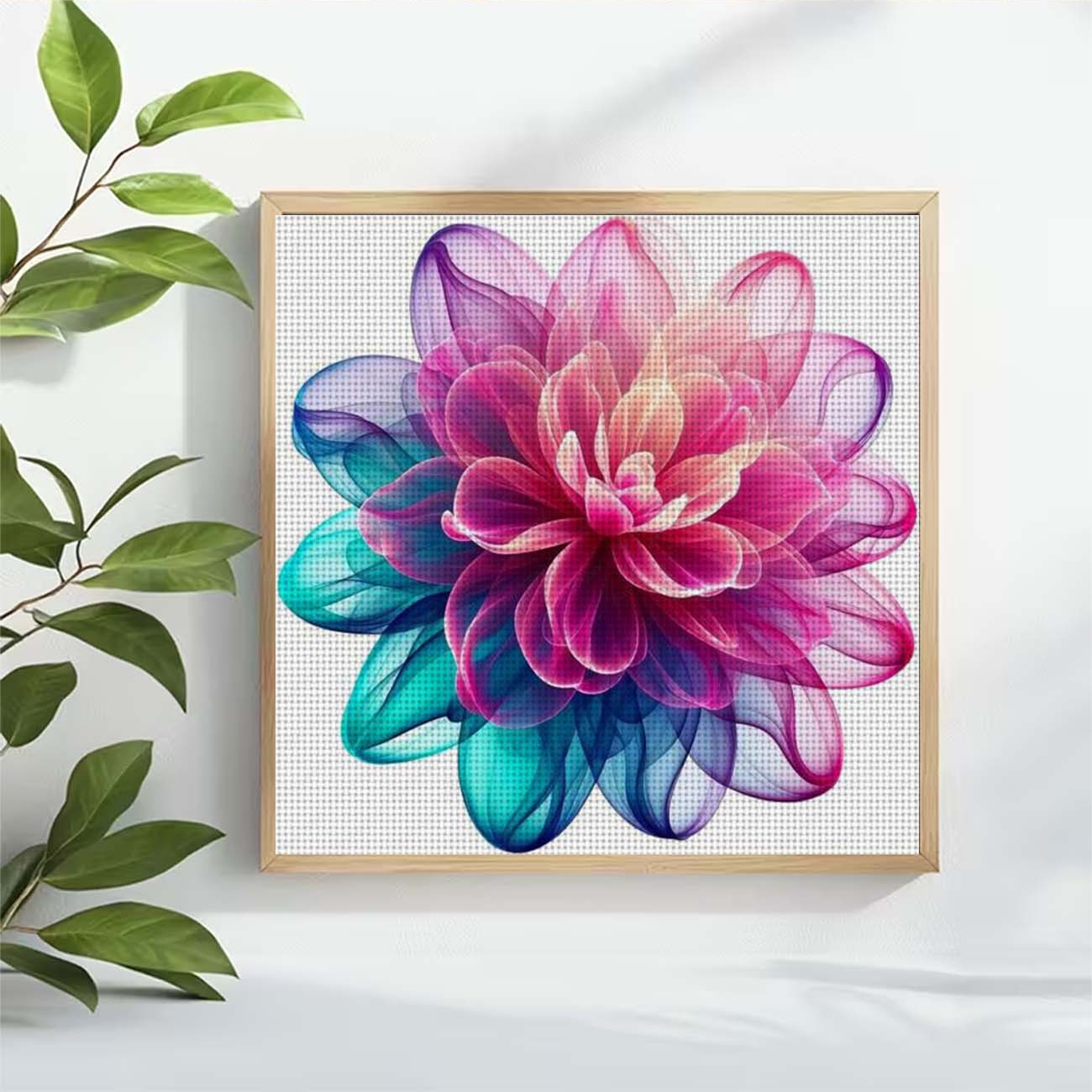 Cross Stitch Printed Kit, Frameless, Pink Blue Gradient Artistic Flower Pattern