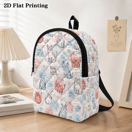 2d flat 1pc cute cats and pattern backpack diamond grid quilting design adjustable shoulder straps lightweight outing durable zipper closure suitable for library study and daily use 2d flat