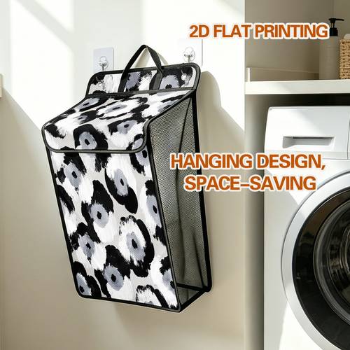 2d flat 1pc wall mounted laundry basket black and white floral print collapsible storage basket with lid handles 2 non marking hooks organizer for bedroom bathroom laundry saving home decor perfect gift idea