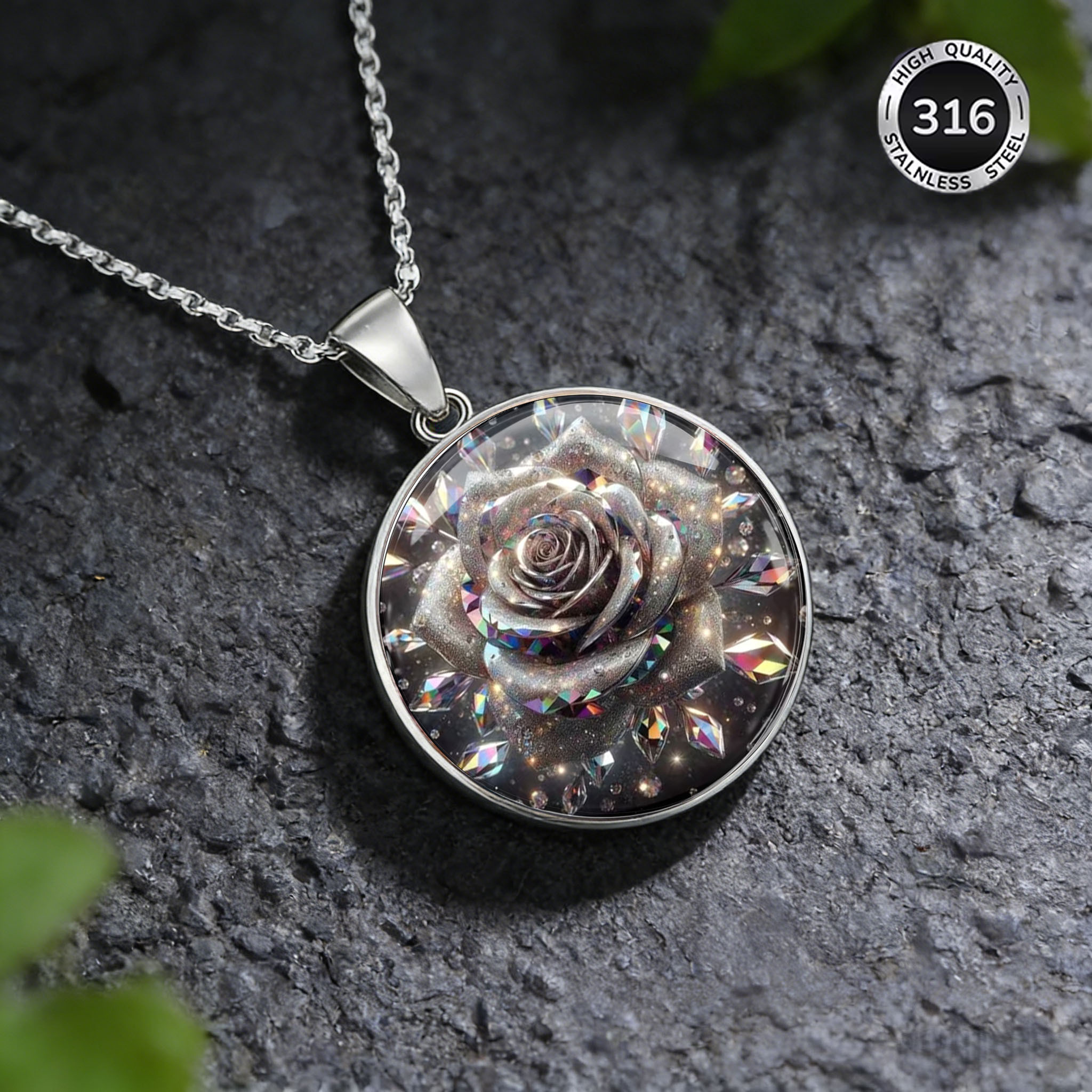 Women's Iridescent Crystal Rose Pendant Necklace, Light Luxury