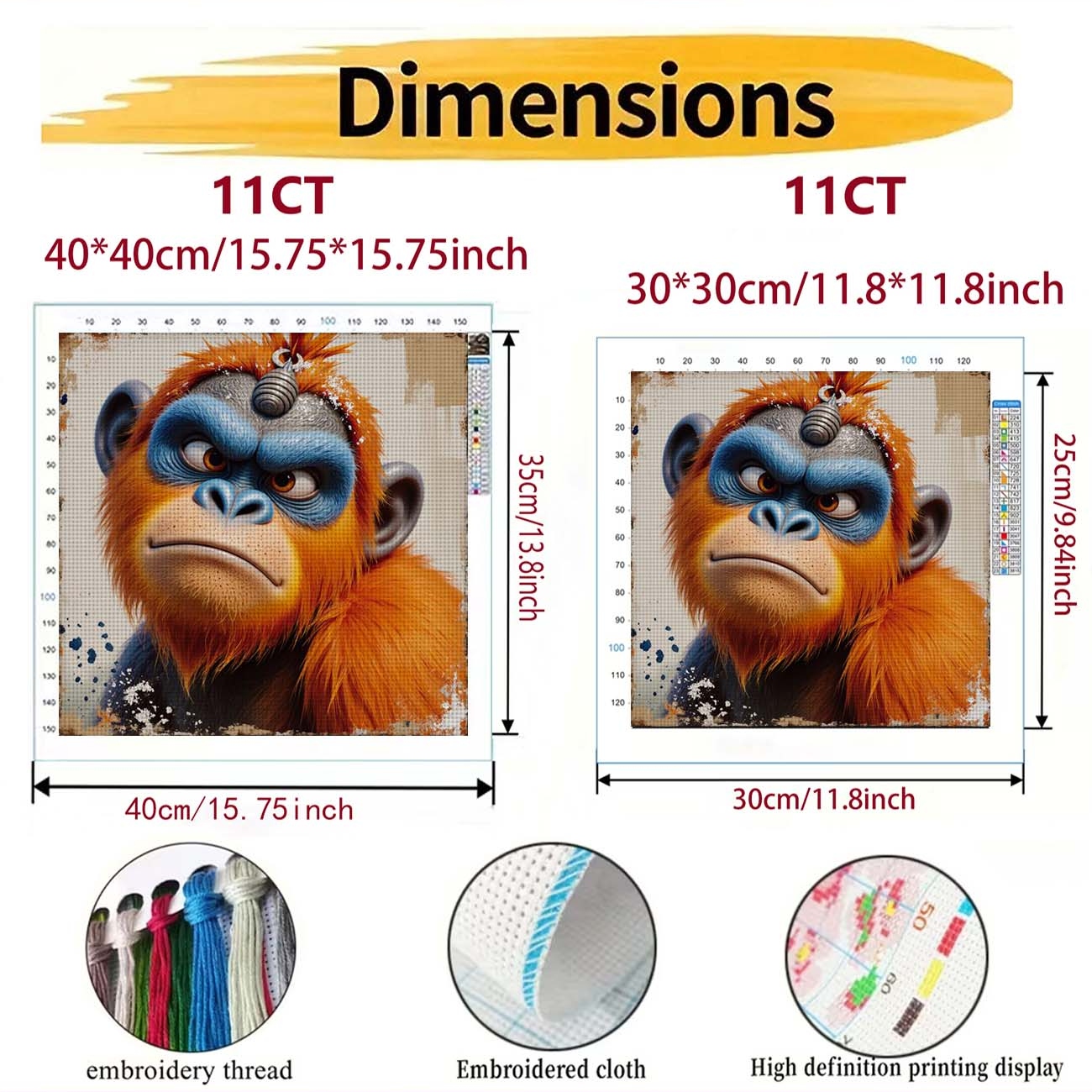 Cross Stitch Printed Kit, Frameless, Orange Blue Gorilla Serious Expression Pattern
