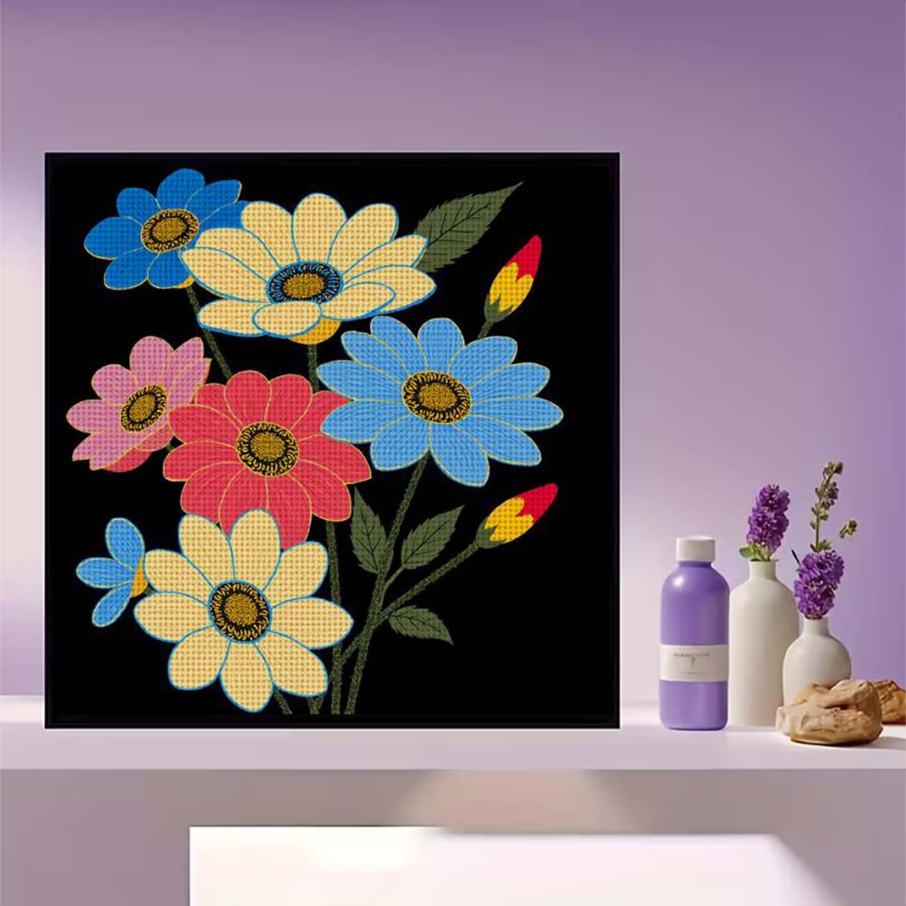 Frameless Cross Stitch Printed Kit, Colorful Flowers on Black Background