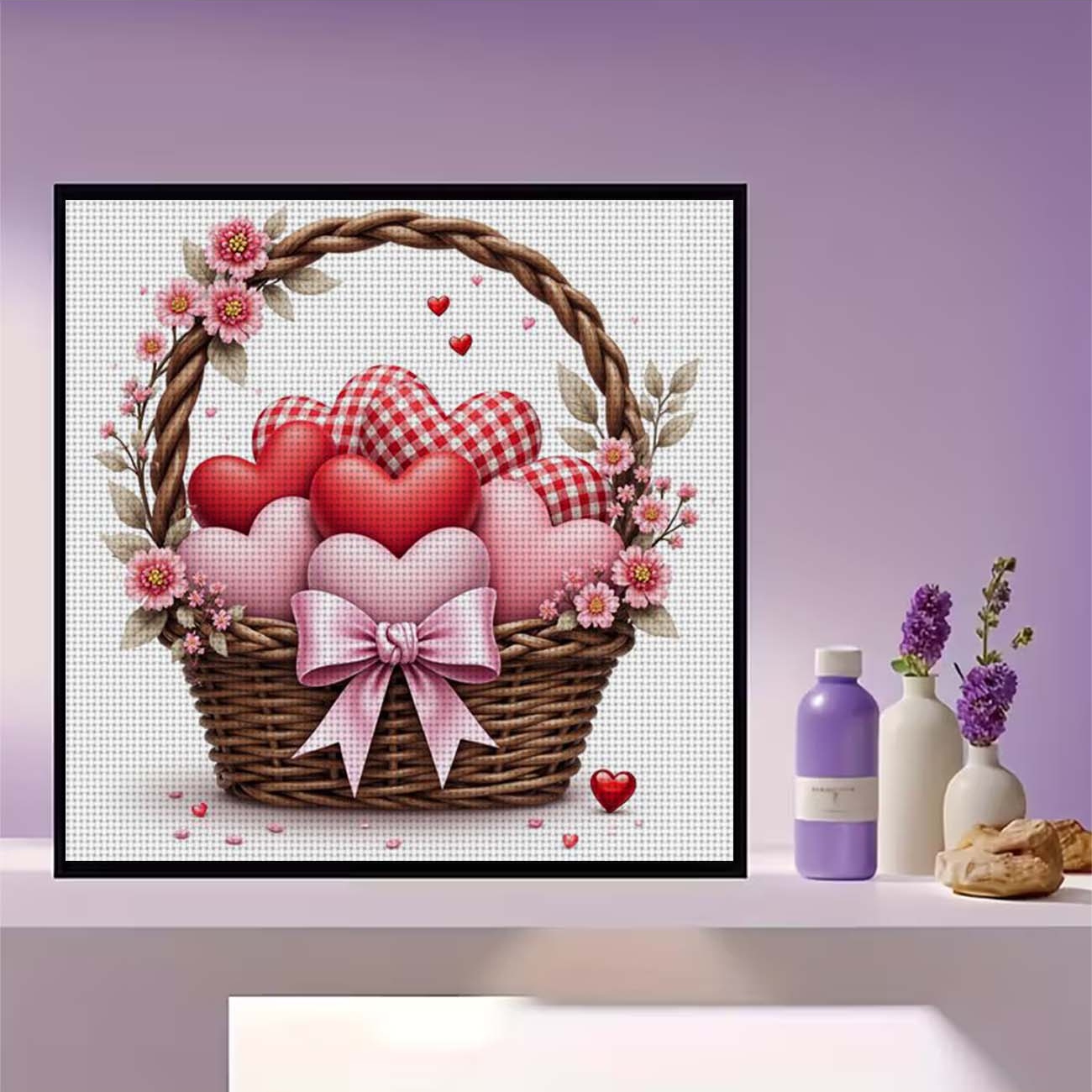 Cross Stitch Printed Kit, Frameless, Fan with Basket Full of Hearts