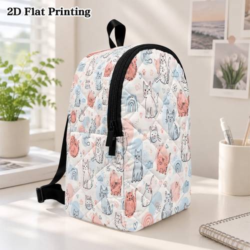2d flat 1pc cute cats and pattern backpack diamond grid quilting design adjustable shoulder straps lightweight outing durable zipper closure suitable for library study and daily use 2d flat
