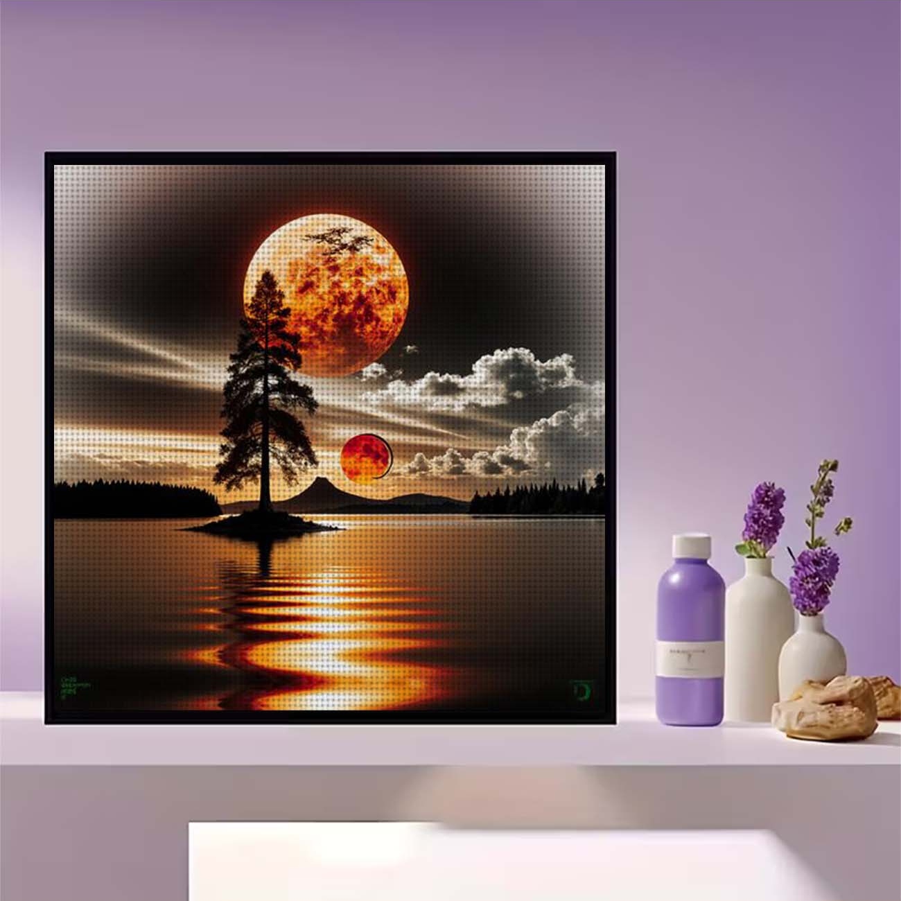 DIY Cross-Stitch Printed Kit, Frameless, "Red Moon and Lone Pine" Pattern