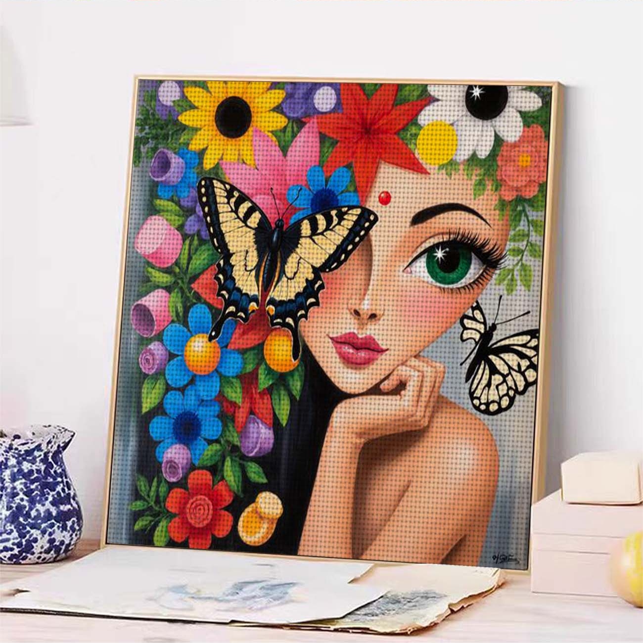 Cross Stitch Printed Kit, Frameless, Floral Butterflies Surrounding Woman Design