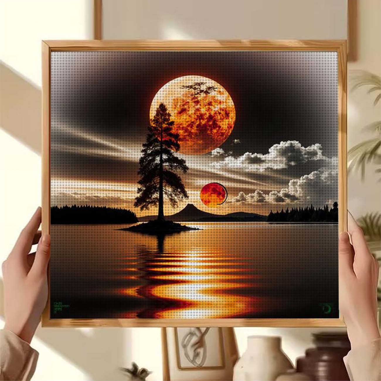 DIY Cross-Stitch Printed Kit, Frameless, "Red Moon and Lone Pine" Pattern