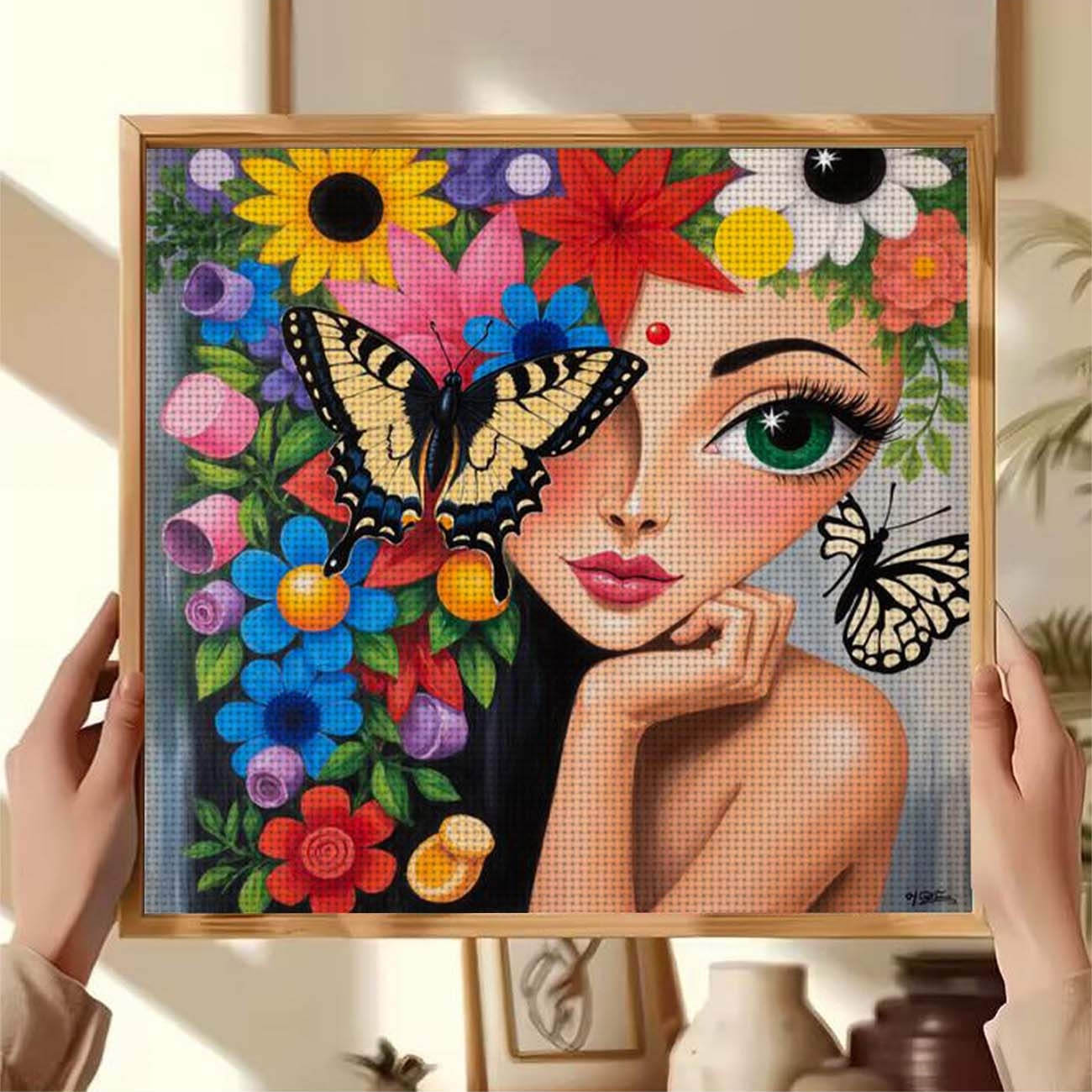 Cross Stitch Printed Kit, Frameless, Floral Butterflies Surrounding Woman Design