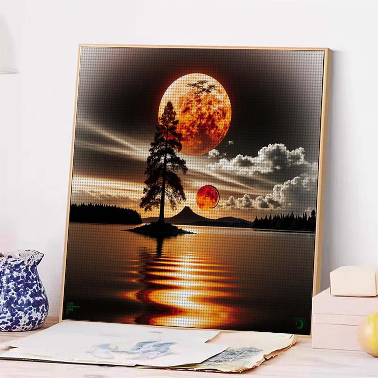 DIY Cross-Stitch Printed Kit, Frameless, "Red Moon and Lone Pine" Pattern
