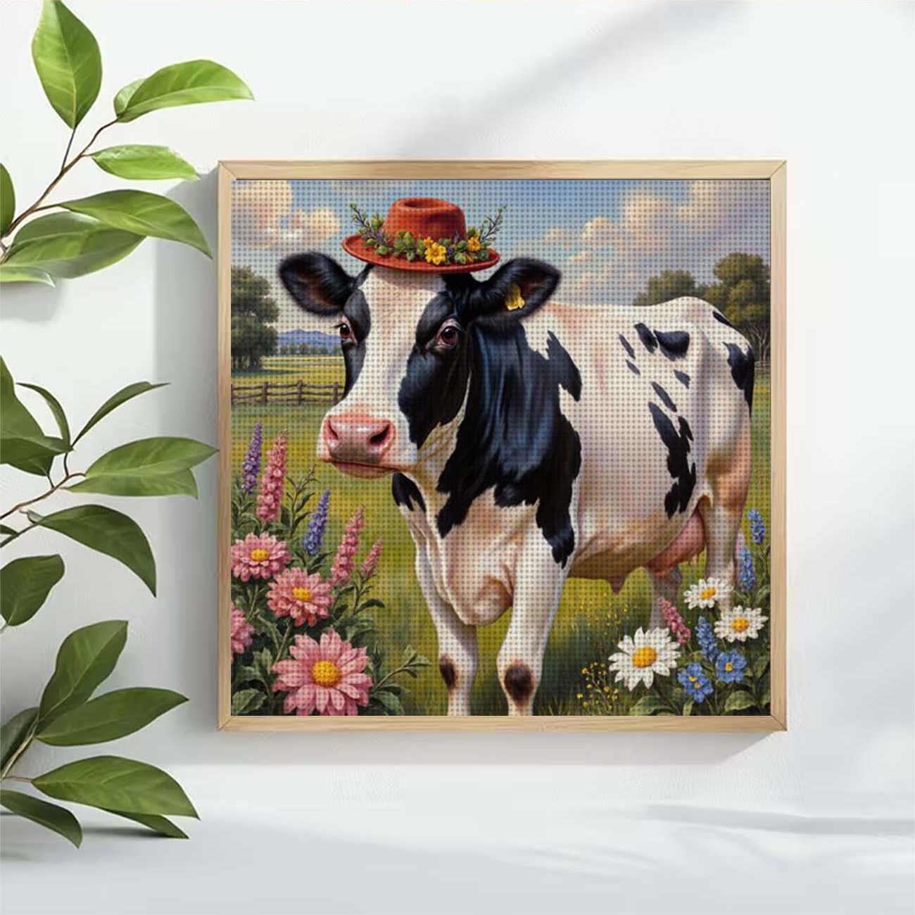 Cross Stitch Printed Kit, Frameless, Red Hat Milk Cow with Flowers