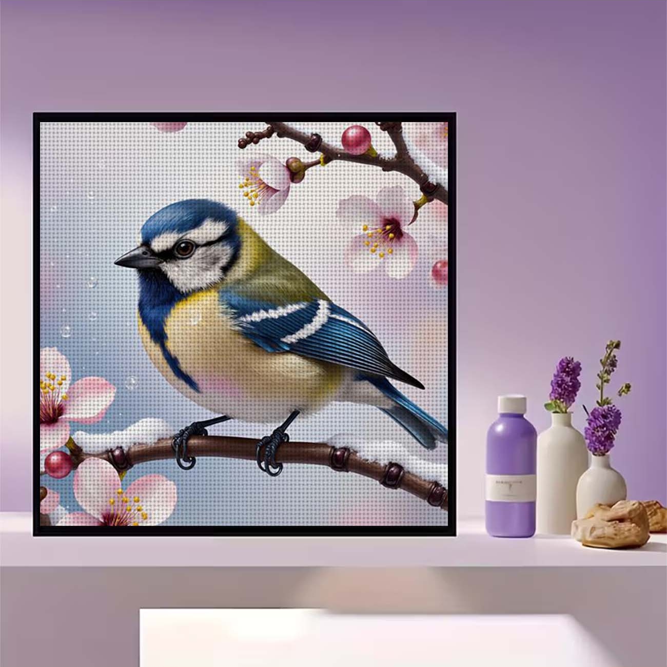 DIY Cross-Stitch Printed Kit, Unframed, Blue and Yellow Bird Design