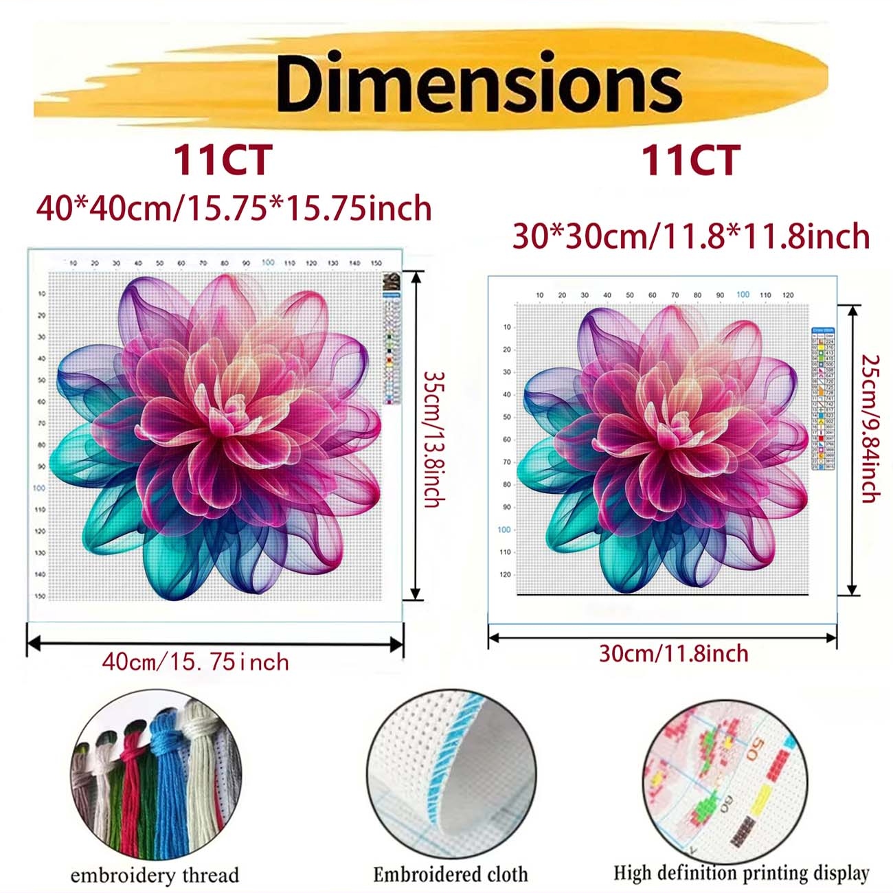Cross Stitch Printed Kit, Frameless, Pink Blue Gradient Artistic Flower Pattern