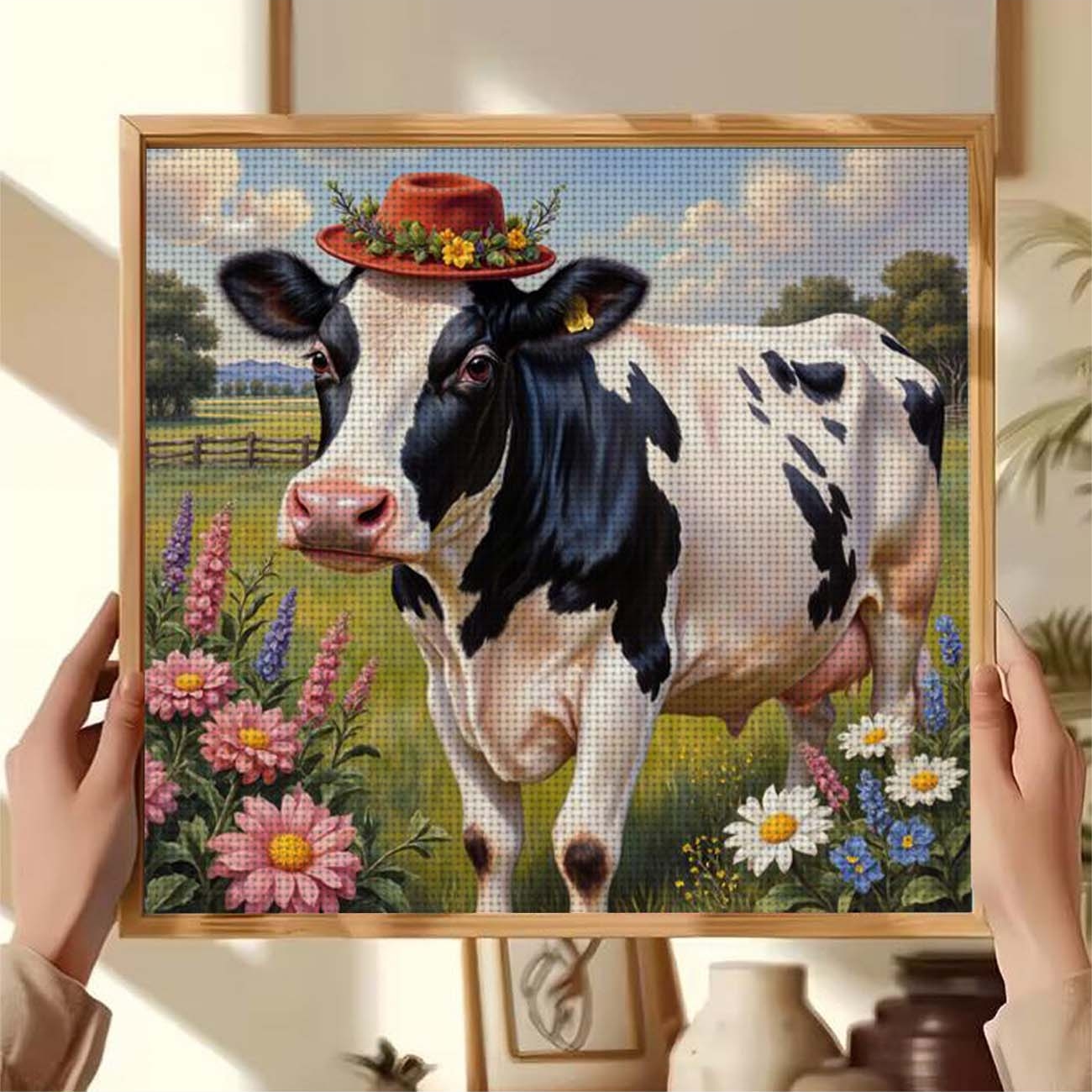 Cross Stitch Printed Kit, Frameless, Red Hat Milk Cow with Flowers