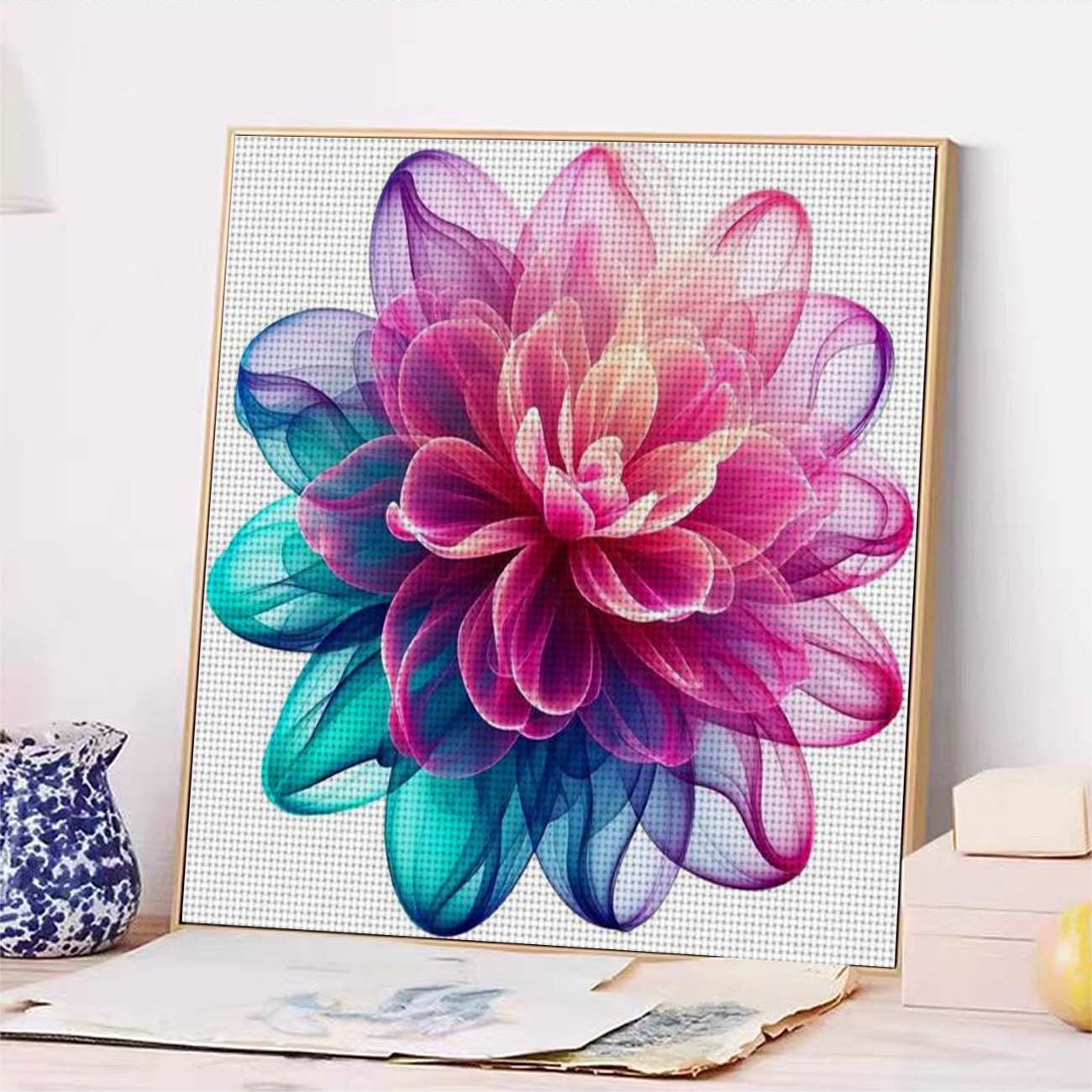 Cross Stitch Printed Kit, Frameless, Pink Blue Gradient Artistic Flower Pattern