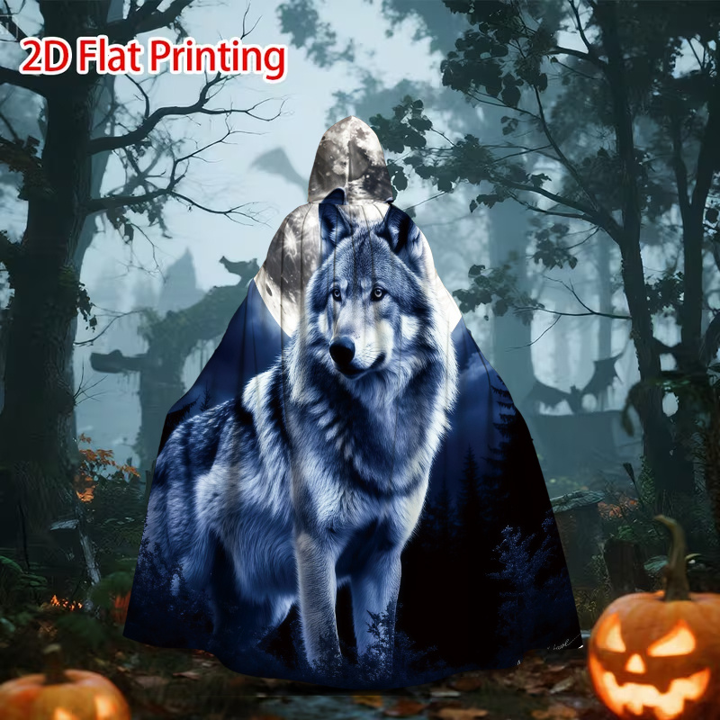 Artikelbild  . 2d-flacher kapuzenumhang für weihnachten und halloween, umhang mit grauwolf- -wald-druck, foto-requisite für mottopartys, cosplay--aktivitäts- und auftritts-kostümzubehör,  -geschenk für freunde, herbst-winter-outfit, 2d-flach