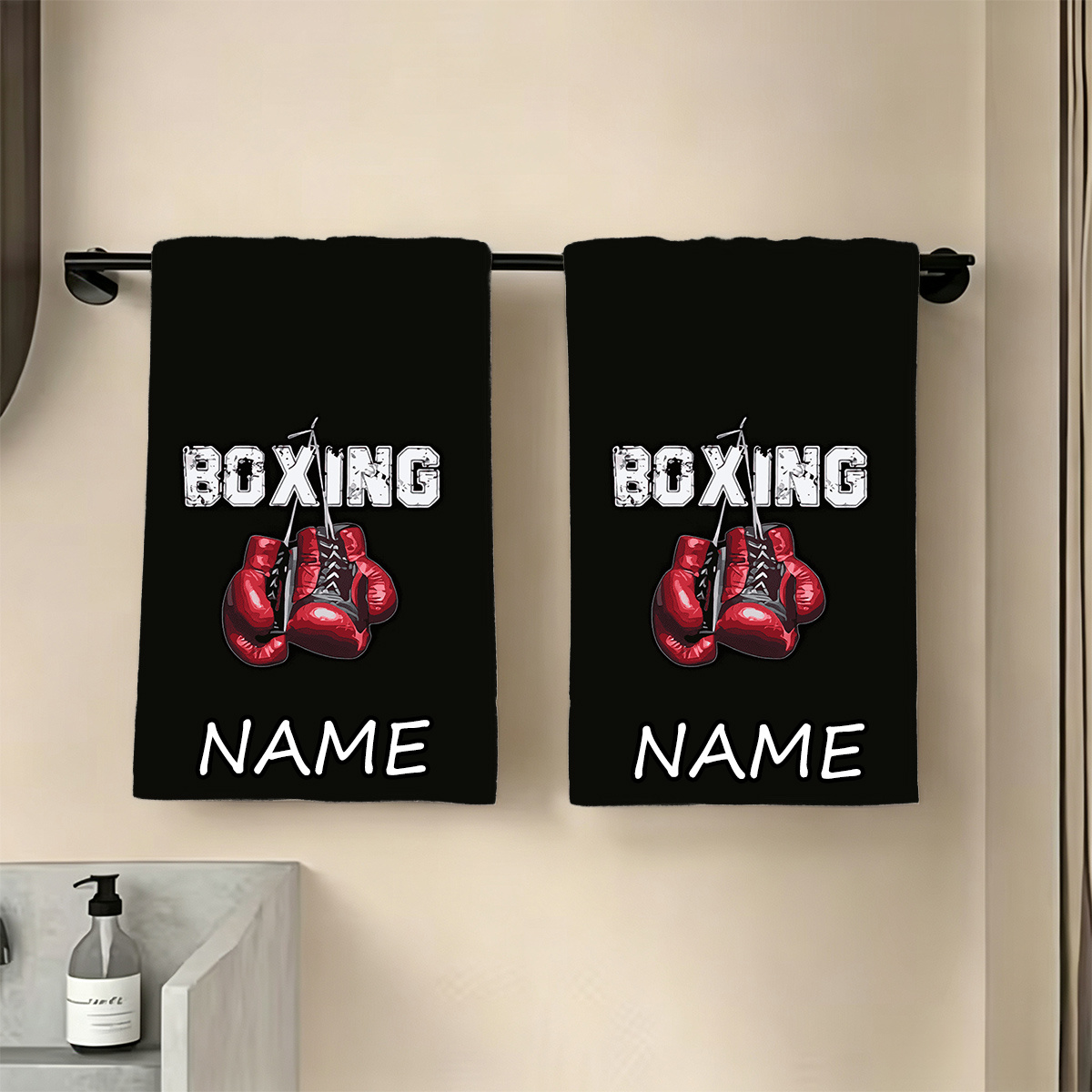 TEMU Serviette 1 pièce personnalisée avec nom/ et gants de boxe vintage - Microfibre douce et absorbante, décoration de salle de bain, cadeaux de