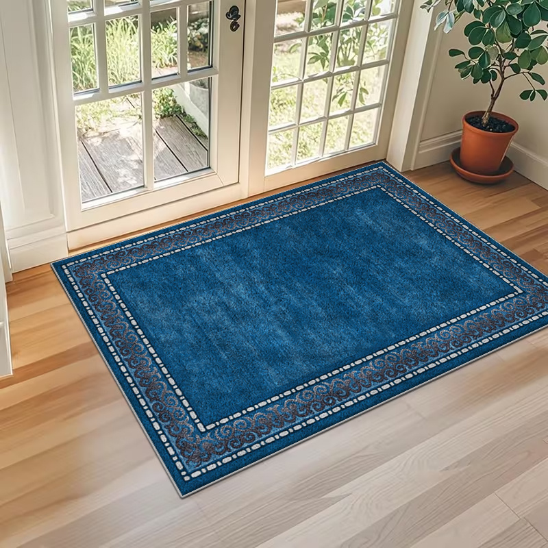   geometric border velvet printed rug machine washable and non slip suitable for living room bedroom entryway hallway dining room elegantly enhances   texture complementing a modern minimalist style