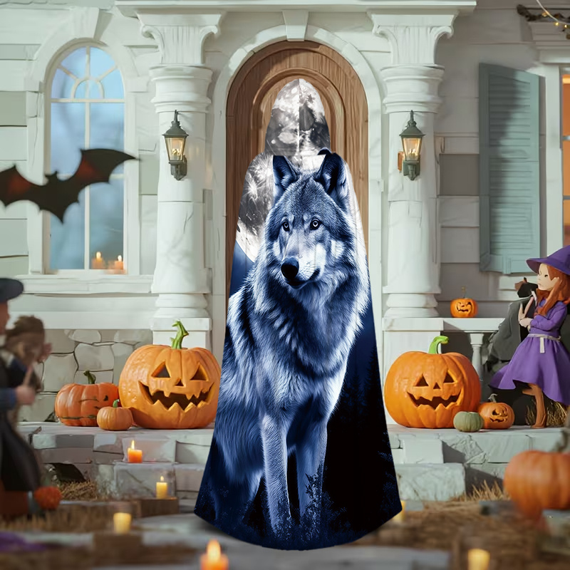  . 2d-flacher kapuzenumhang für weihnachten und halloween, umhang mit grauwolf- -wald-druck, foto-requisite für mottopartys, cosplay--aktivitäts- und auftritts-kostümzubehör,  -geschenk für freunde, herbst-winter-outfit, 2d-flach
