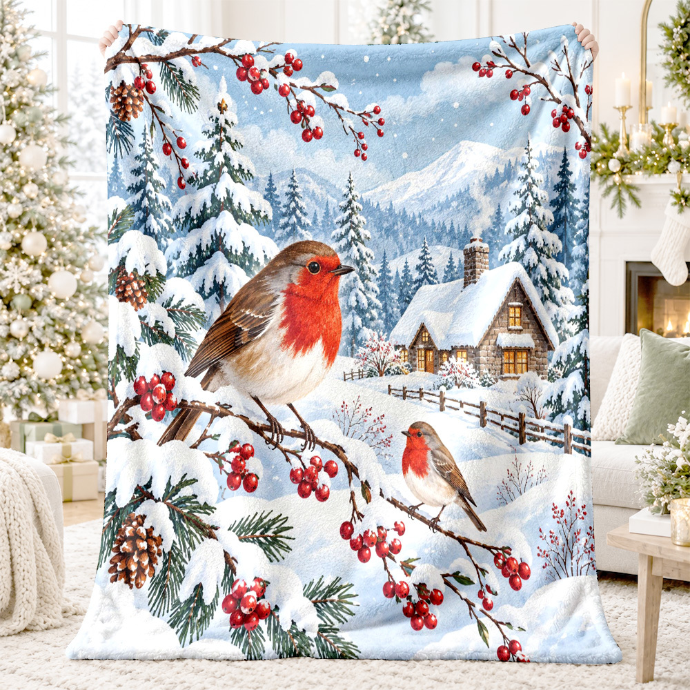 Image of 2d Flat 1pc 2 Robins Pine Cone Snowy Cottage Mountain Evergreen Forest Landscape Printed Blanket Nap Cover Throw For Sofas Bedrooms Christmas Holiday For Ship From Local Warehouse, 2d Flat