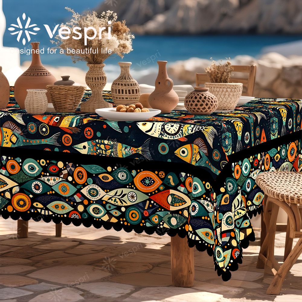 TEMU Ocean Tablecloth, Black Blue Decor, Fish And Round Patterns, , Beach Resort Theme, Circles Rectangles , For Spring Summer Dining Party Festival